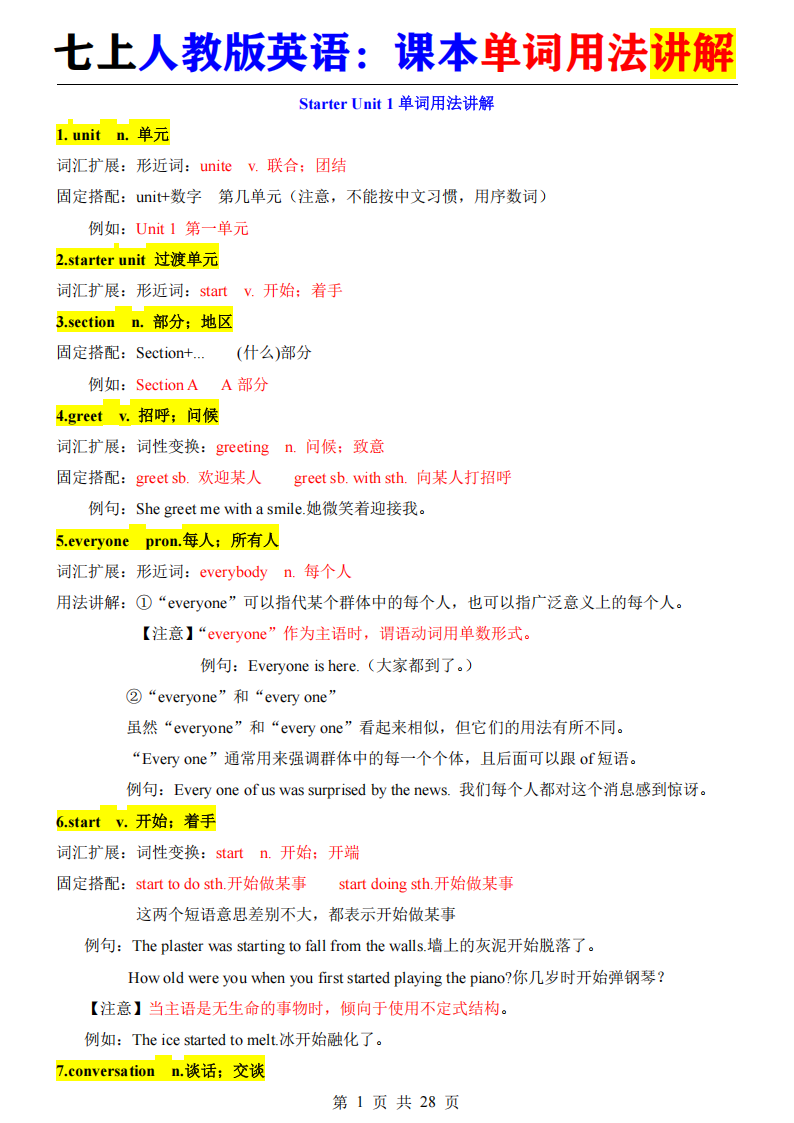 七年级上册人教版英语课本单词用法讲解