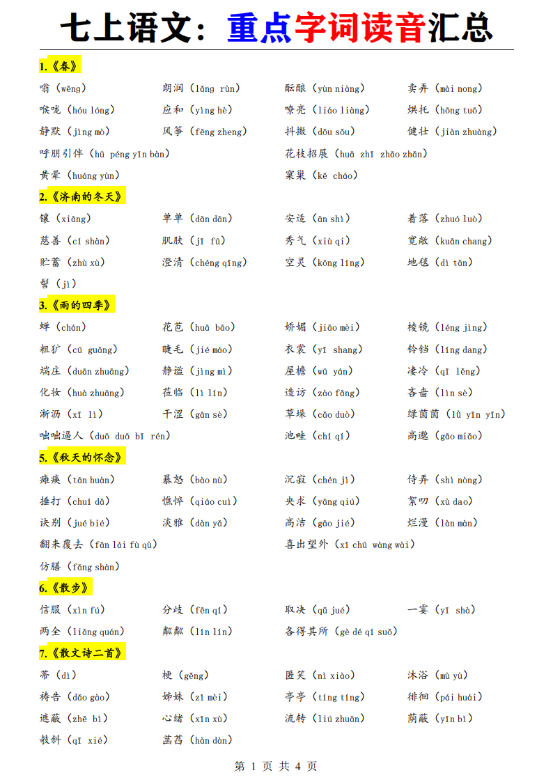 七年级上册语文重点字词读音汇总