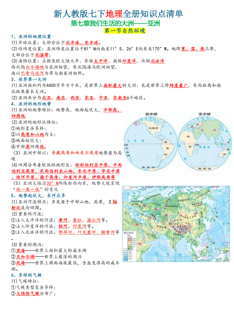 七年级下册人教版地理全册知识点清单