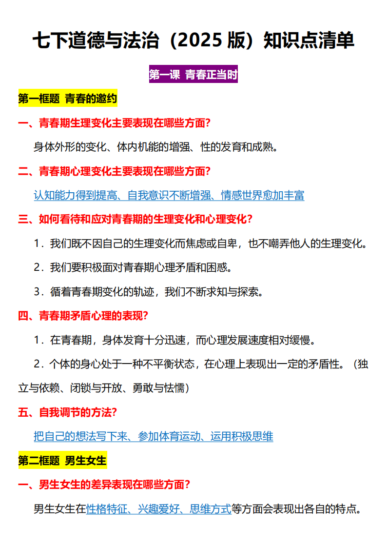 七年级下册道法知识点清单