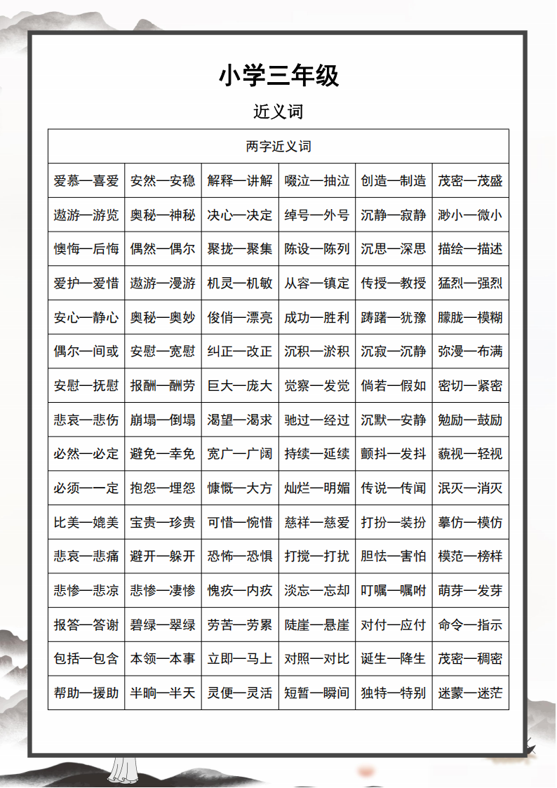 三年级语文近义词和反义词汇总