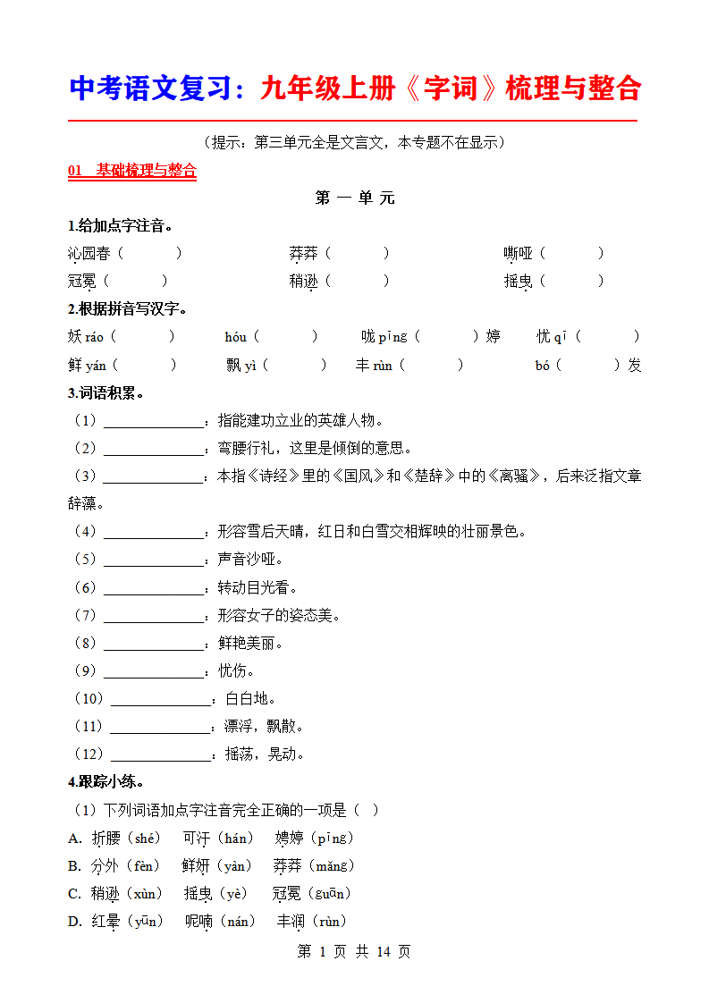 中考语文复习九年级上册《字词》梳理与整合