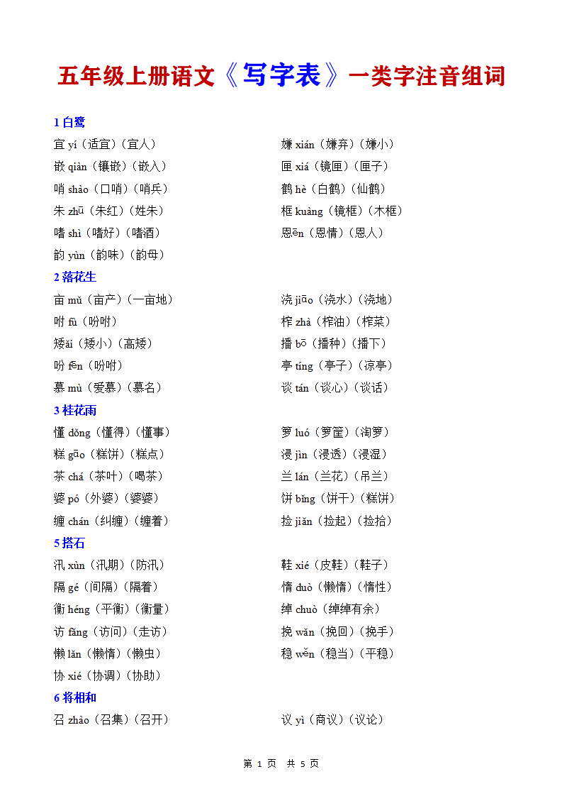 五年级上册语文《写字表》一类字注音组词
