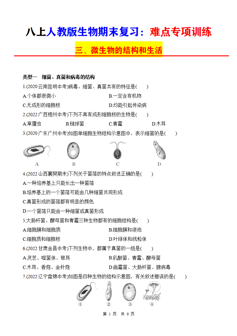 八年级上册人教版生物期末复习难点专项训练03微生物的结构和生活