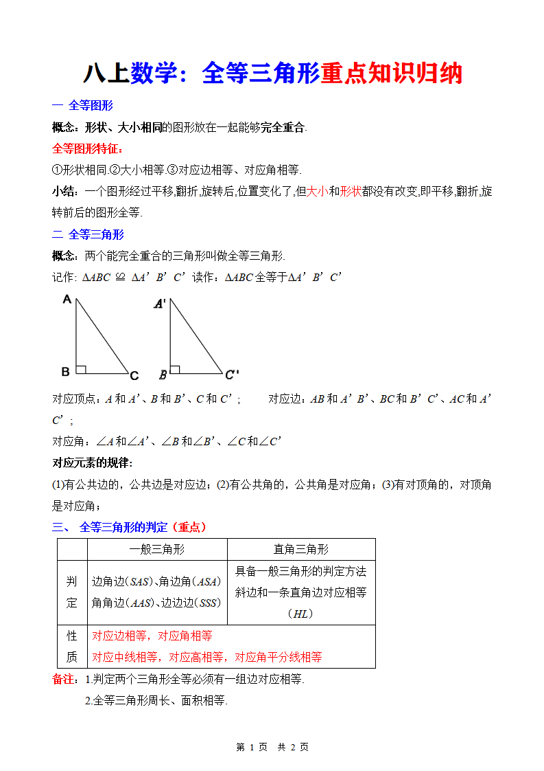 八年级上册数学全等三角形重点知识归纳