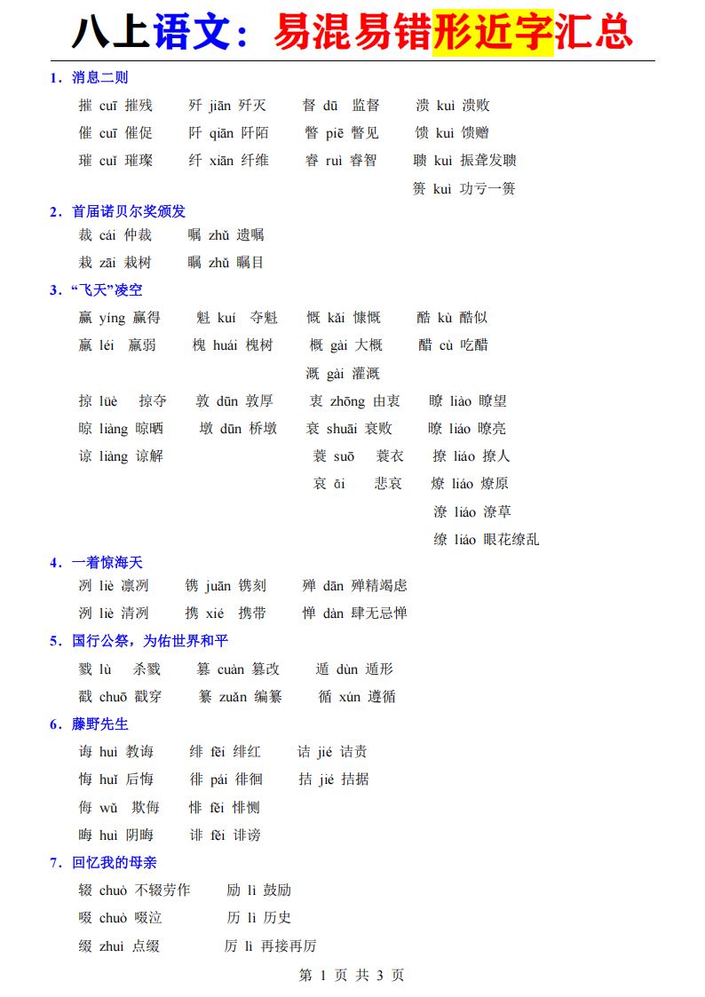 八年级上册语文易混易错形近字汇总