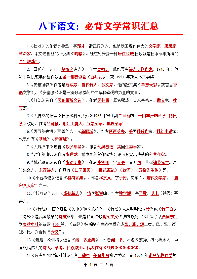 八年级下册语文必背文学常识汇总