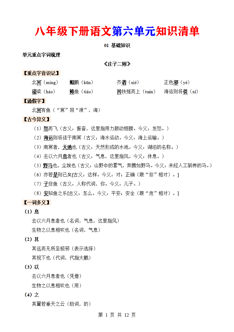 八年级下册语文第六单元知识清单