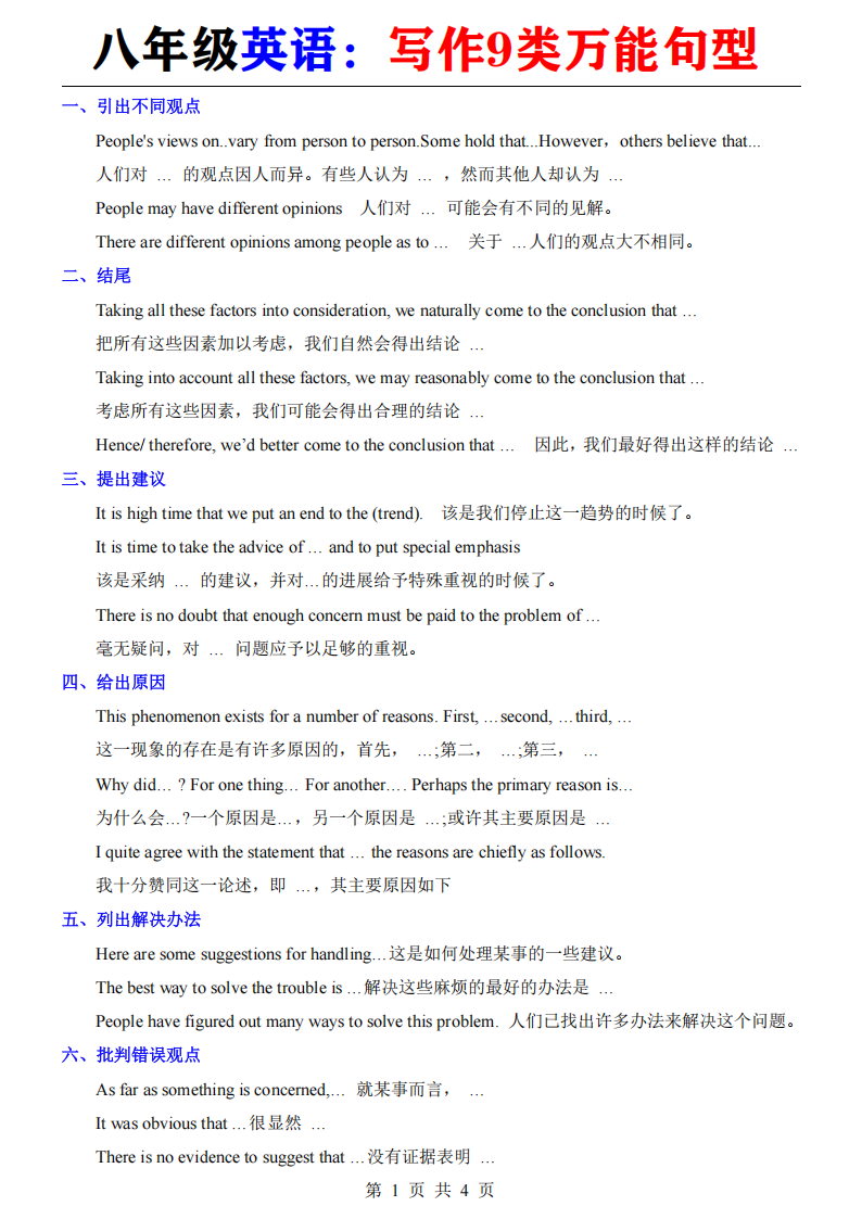 八年级英语写作9类万能句型