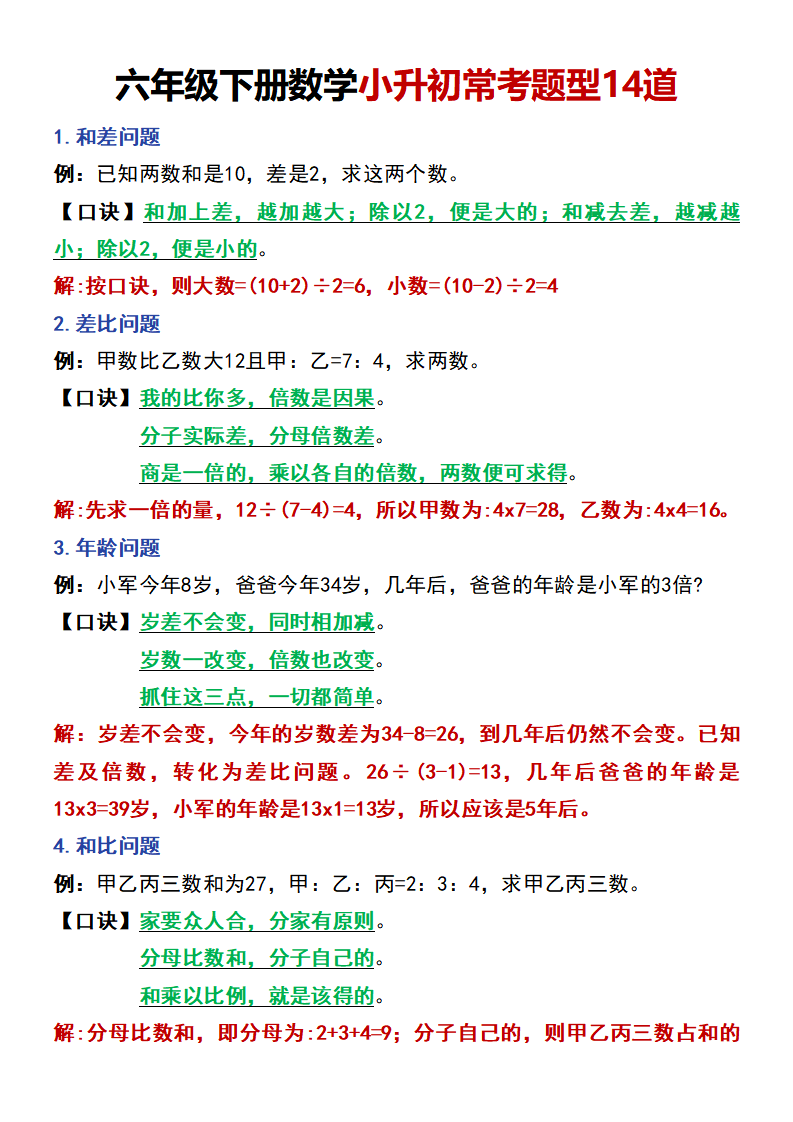 六年级下册数学小升初常考题型14道