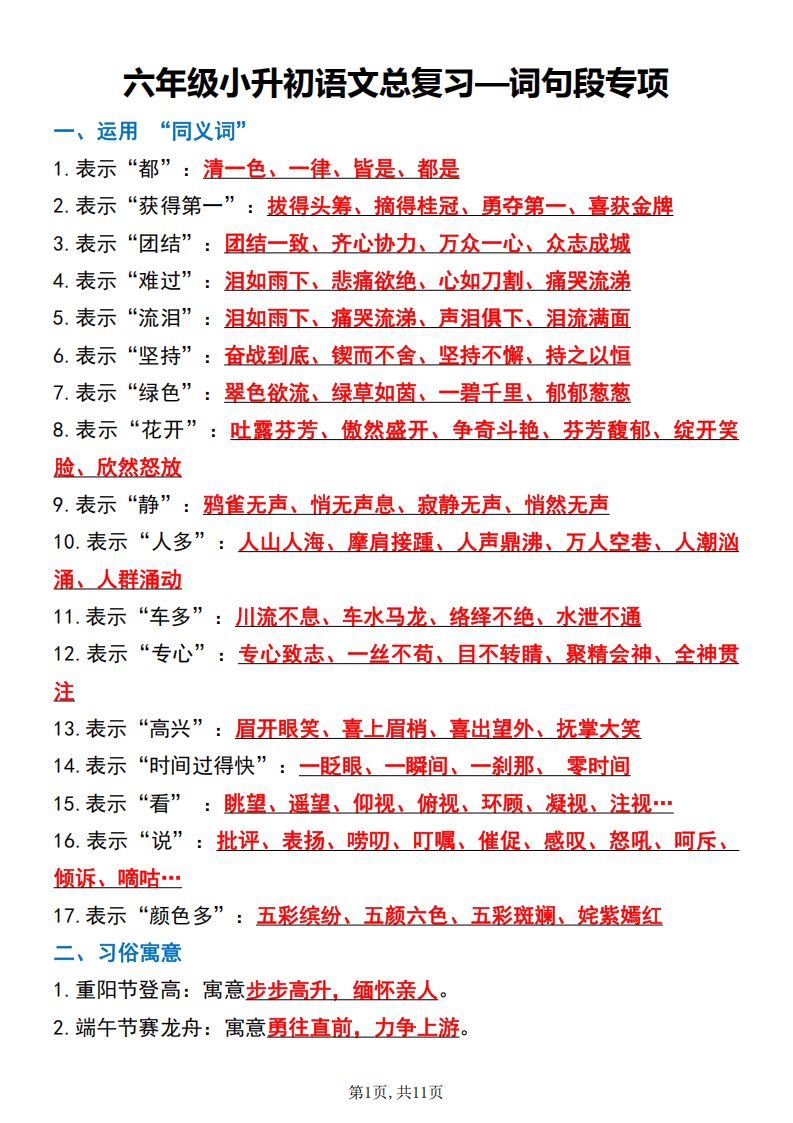 六年级下册语文小升初语文词句段专项总复习
