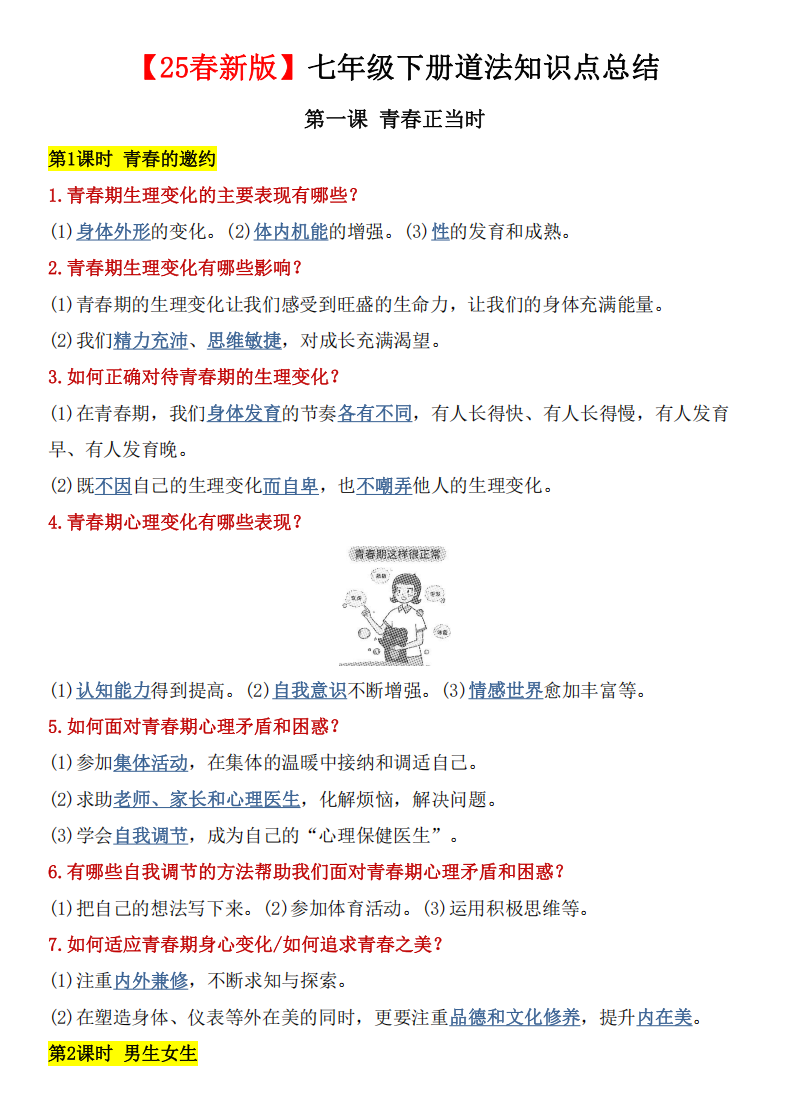 2025新七年级下册道法全册知识点总结